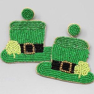 Seed Bead Leprechaun Hat & Shamrock Earrings